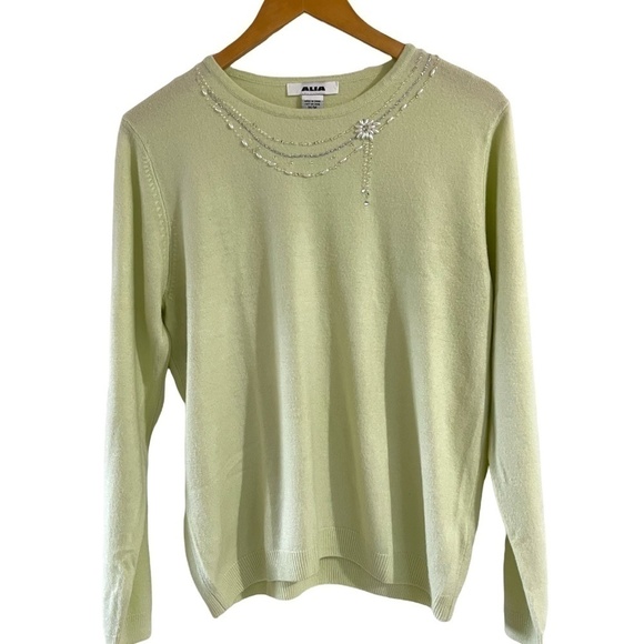 Alia Vintage pale green sweater pearl detail beads crew neck long sleeve Medium - Picture 2 of 15